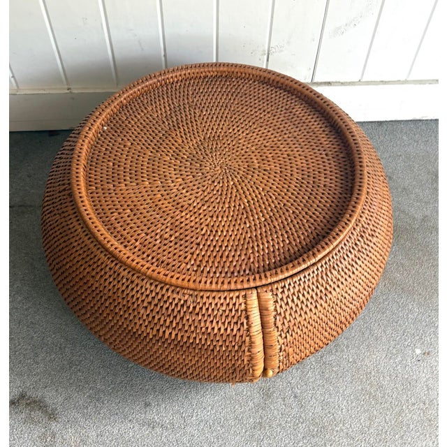 1950s-60s Midcentury Wicker Sphere Coffee Table / Storage Ottoman For Sale - Image 4 of 6