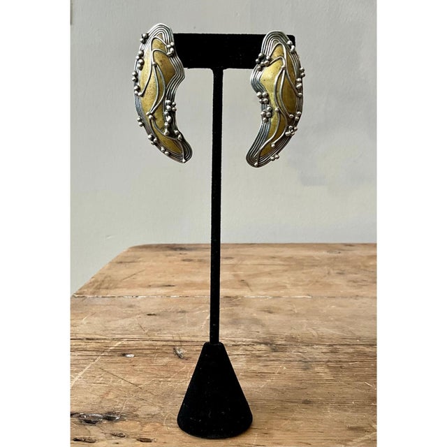 Mid-Century Modern Vintage Boho Robin Schechtel Brass on Sterling Modernist Earrings For Sale - Image 3 of 12