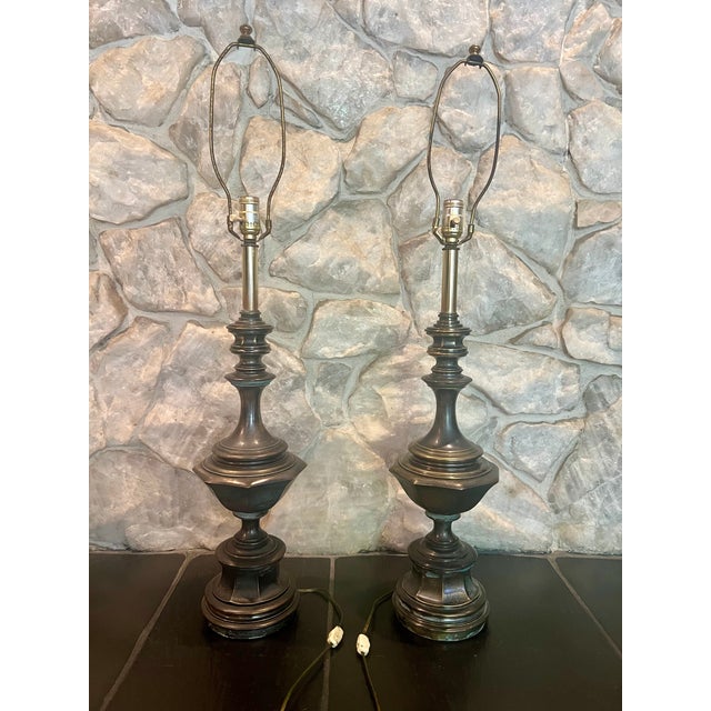 Mid 20th Century Mid 20th Century Large Brass Table Lamps With Deep Patina - a Pair For Sale - Image 5 of 10