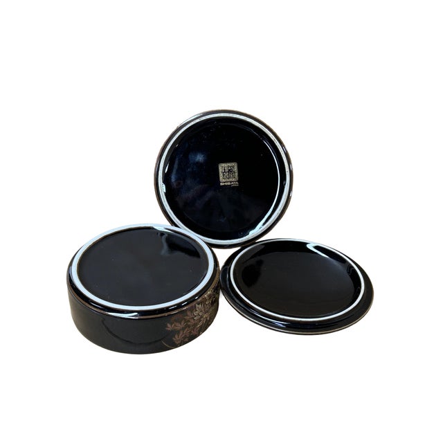 Contemporary 5" Oriental Black Glaze Porcelain Stack Round Box Golden Flower Graphic For Sale - Image 3 of 7