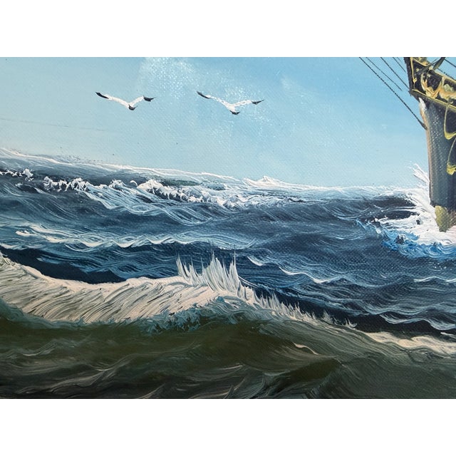 Nautical Original Oil Painting Sailing Ship Seascape Maritime Art Ocean Waves Nautical For Sale - Image 3 of 10