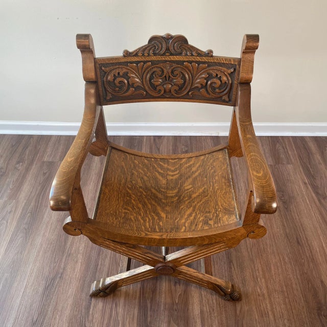Late 19th Century Stomps and Burkhardt Co. Carved Oak Savonarola Chair For Sale - Image 4 of 12