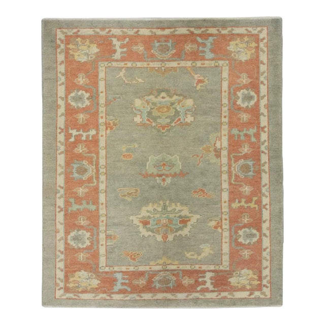 Early 21st Century Turkish Gray & Red Handwoven Oushak Rug For Sale