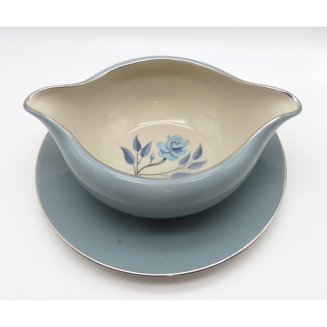 Vintage Flintridge China California Blue W Platinum Borders Gravy Boat Flowers For Sale In Dallas - Image 6 of 8