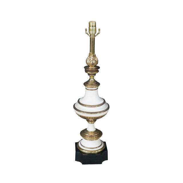 Mid-Century Modern Mid 20th Century Stiffel Hollywood Regency Empire White Enamel & Brass Buffet Table Lamps - Pair For Sale - Image 3 of 18