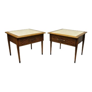 Lane Style Mid Century Modern Walnut & Travertine One Drawer End Tables - a Pair For Sale