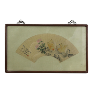 Vintage Chinese Fan Painting Chicks Catching Bugs With Pink Flowers Framed Ink and Color on Paper With Calligraphy