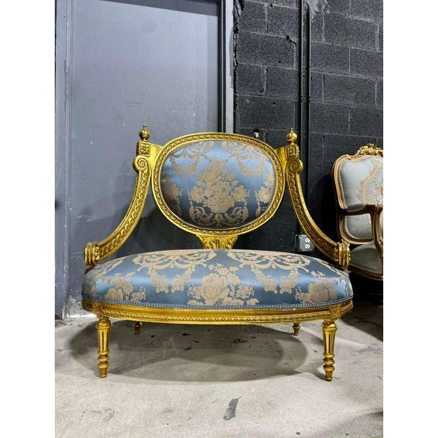 French Louis XV Blue Accent Chair With Gold Leaf For Sale - Image 11 of 12