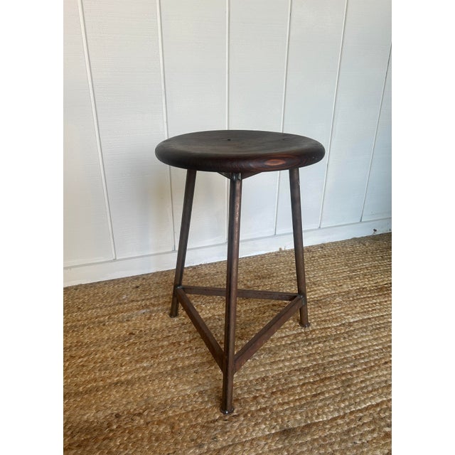 Rustic European 1920s Vintage Industrial Metal and Wood Stool For Sale - Image 3 of 7