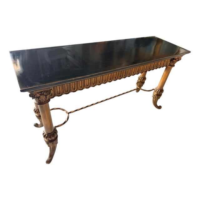 Late 19th Century Ornate Italian Neoclassical Console Table With Gold Leaf and Black Top For Sale