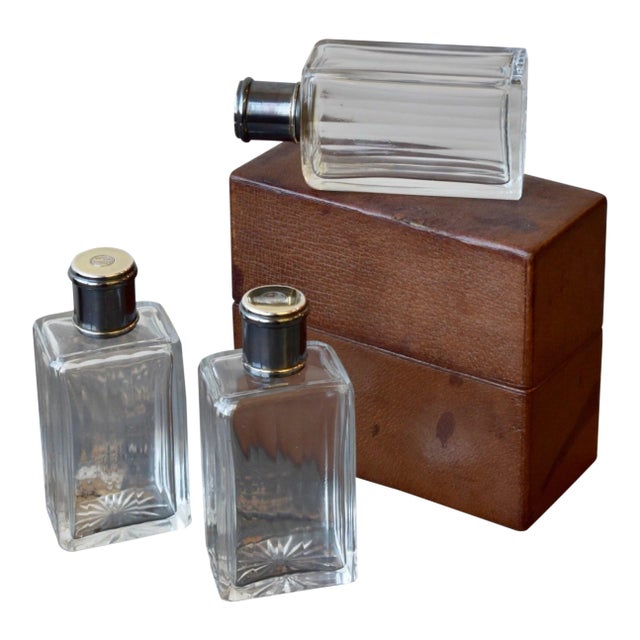 Vintage French Monogrammed Cut Glass + Silver Perfume / Liquor Bottle Travel Set in Leather Case, Circa 1920s For Sale