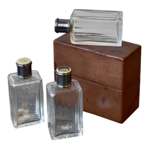Vintage French Monogrammed Cut Glass + Silver Perfume / Liquor Bottle Travel Set in Leather Case, Circa 1920s