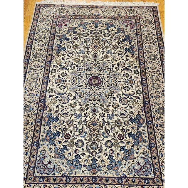 Vintage Persian Nain Room Size Rug, Handwoven Floral Pattern, Ivory & Blue, 7’ X 11’ For Sale - Image 4 of 12