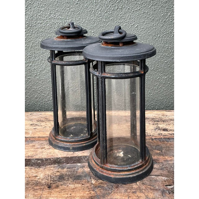 Metal Vintage Wrought Iron Lanterns - A Pair For Sale - Image 7 of 12