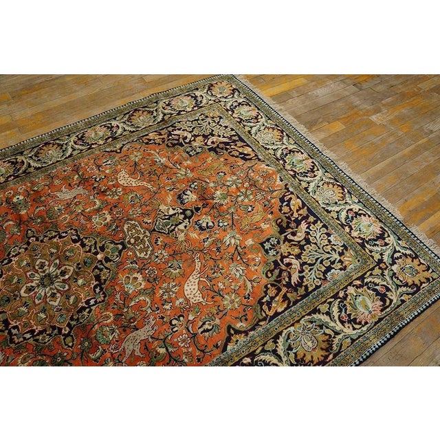 Persian 1940s Orange Apricot Medallion Floral Antique Isfahan Knotted Qum Silk Rug For Sale - Image 3 of 6