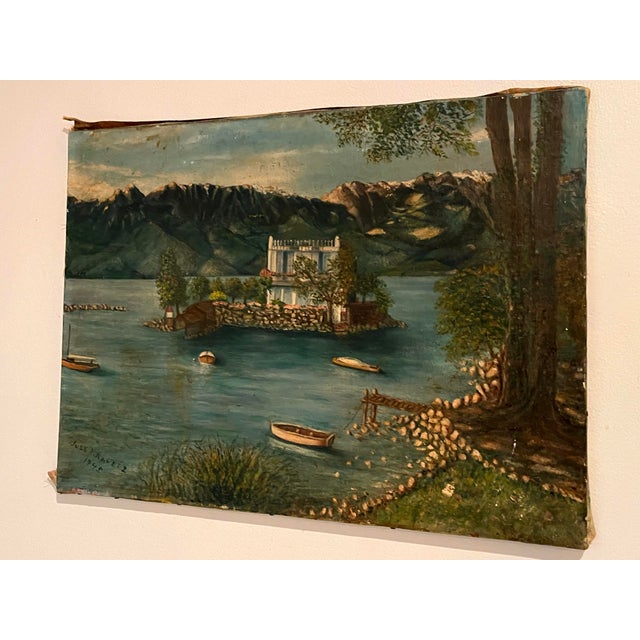 Folk Art Signed 1948 European Naïve Folk Art Mountain Lake & Island Villa Oil on Canvas For Sale - Image 3 of 5