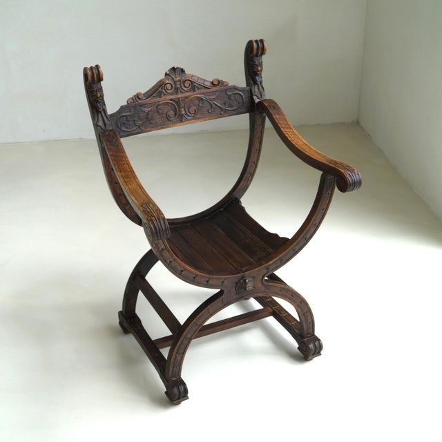 Curule or Dagobert Armchair in Walnut, Italy, 1910s For Sale - Image 13 of 18