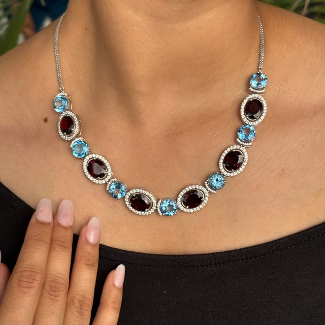 Victorian Oval Blue Topaz & Garnet Necklace With Zirconia Set in 925 Silver- Anniversary Gift For Sale - Image 4 of 10