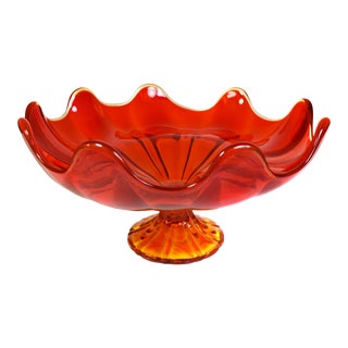 Mid-Century Modern Viking Glass Amberina Orange Ruffled Edge Art Glass Pedestal Bowl For Sale