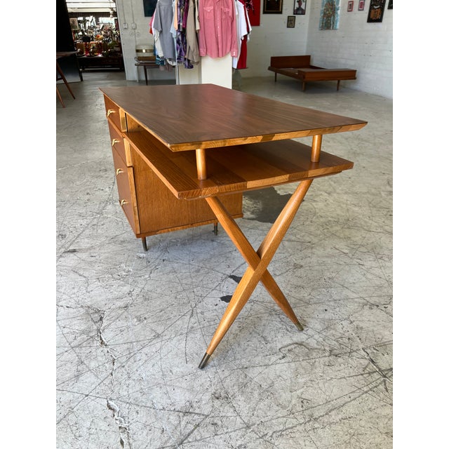 Mid-Century Modern Vintage Petite Walnut X-Base Writing Desk For Sale - Image 3 of 5