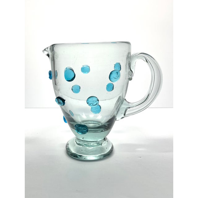 Aqua Blue Confetti Raised Pebble Mexican Hand Blown Glass Pitcher Jug 8” 40oz Good condition. No chips, cracks, or...
