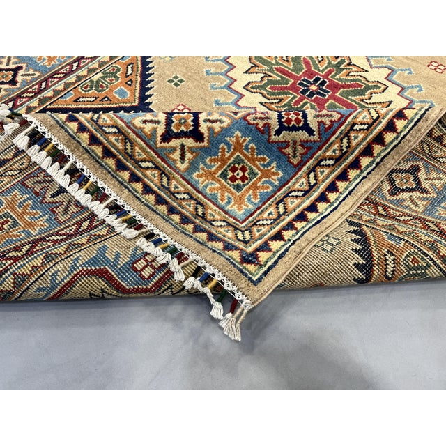 Beige Persian Style Kazak Wool Rug With Blue Border, 4'2" X 5'10" For Sale - Image 12 of 14