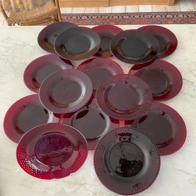 Vintage Textured Pebble Ruby Red Glass Dinner Plates- Set of 15 For Sale - Image 4 of 12