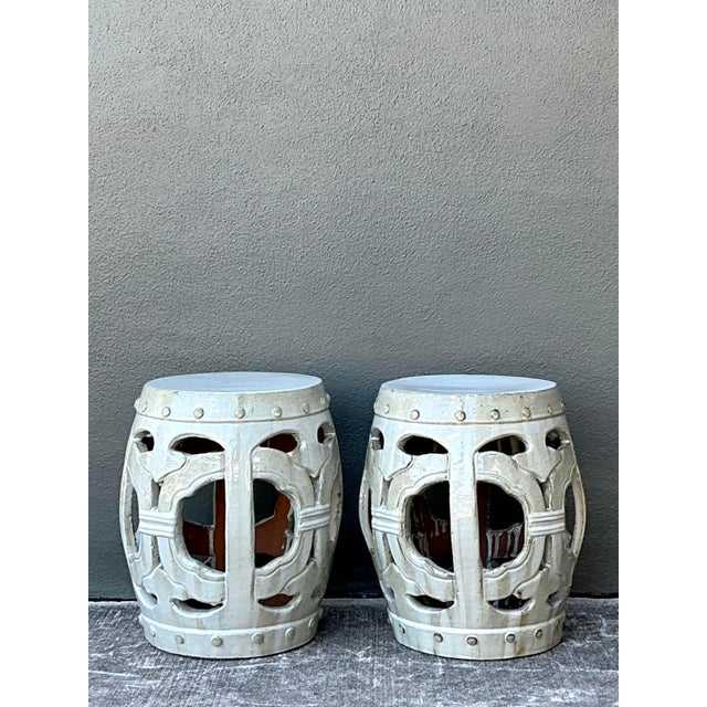 Vintage Linked Rings Glazed Ceramic Garden Stools - A Pair For Sale - Image 4 of 12