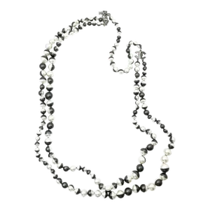 Chanel Black White Half Half 2 Strand Pearl Long Necklace