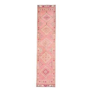 Vintage Turkish Oushak Handmade Wool Cotton Pink Runner Rug For Sale