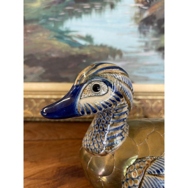 Vintage Chinese Cloisonné and Ceramic Duck Figurine With Hand-Painted Detailing. For Sale - Image 4 of 9