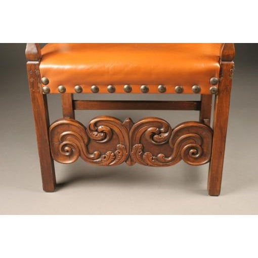 Pair of 19th Century Italian Baronial Style Carved Walnut Armchairs With Leather Upholstery, Circa 1860 For Sale - Image 4 of 4