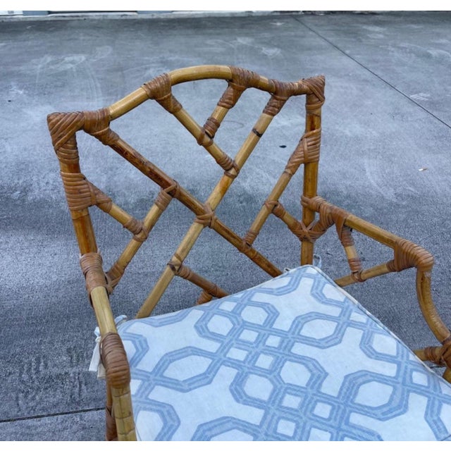 Chinese Chippendale Fretwork Bamboo Armchair Desk Chair With Cushion For Sale - Image 4 of 8