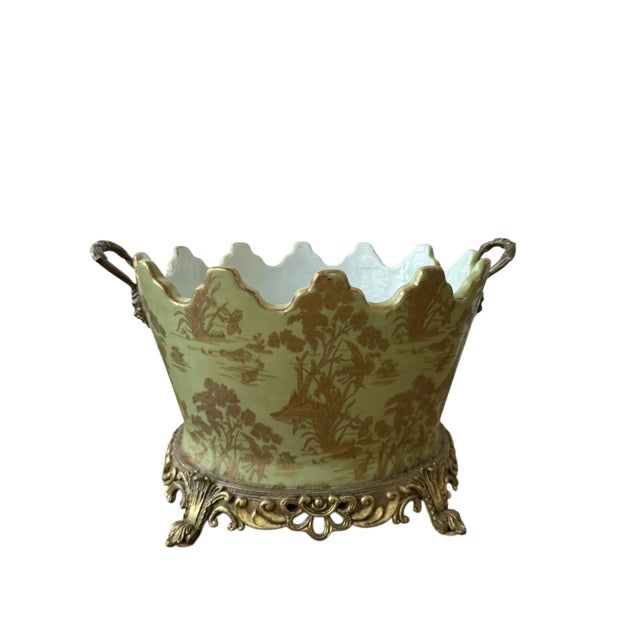Chinoiserie 1980s Green and Gold Chinoiserie Tole Planter, Heavy For Sale - Image 3 of 5