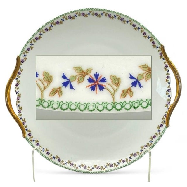 Antique Limoges T&V (Tressemanes et Vogt) porcelain serving platter with gilded handles. The border features delicate blue...