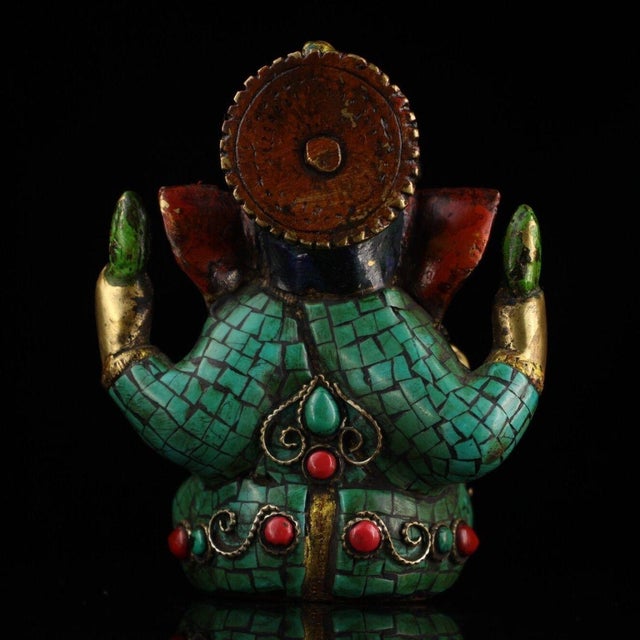 Shell Brass Inlaid Ganesha Statue With Coral and Turquoise For Sale - Image 7 of 8