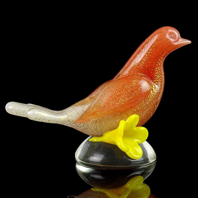 Mid-Century Modern Murano Seguso Vintage Orange White Gold Flecks Yellow Flower Italian Art Glass Mid Century Bird Sculpture For Sale - Image 3 of 5
