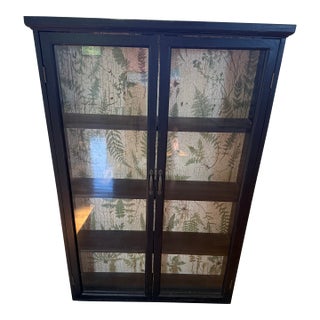 Early 20th Century Black Glass Curio Cabinet With Botanical Fern Interior | Slim Display Cabinet For Sale