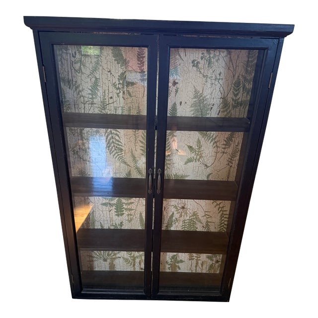 Early 20th Century Black Glass Curio Cabinet With Botanical Fern Interior | Slim Display Cabinet For Sale