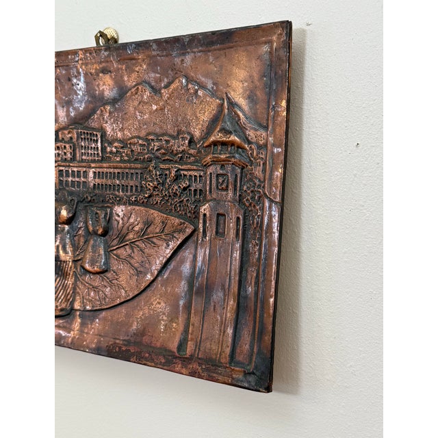 Vintage Rustic European Village Scene Copper Relief Repousse Wall Plaque For Sale - Image 4 of 15