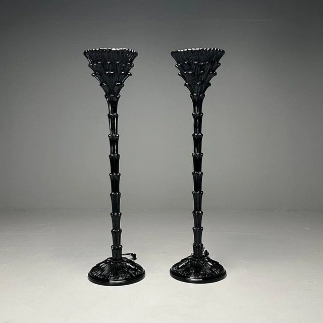 Serge Roche Style, Hollywood Regency, Modern Palm Leaf Floor Lamps, Torchieres, Black Lacquer Pair of carved wood floor...