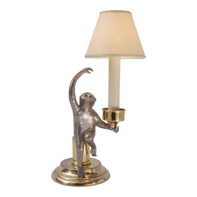 1970's Italian Surrealist Monkey Candlestick Table Lamp by Hauy Pouigo, Signed, Silver Plated Bronze & Brass - Rewired For Sale