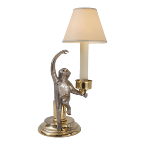 1970's Italian Surrealist Monkey Candlestick Table Lamp by Hauy Pouigo, Signed, Silver Plated Bronze & Brass - Rewired
