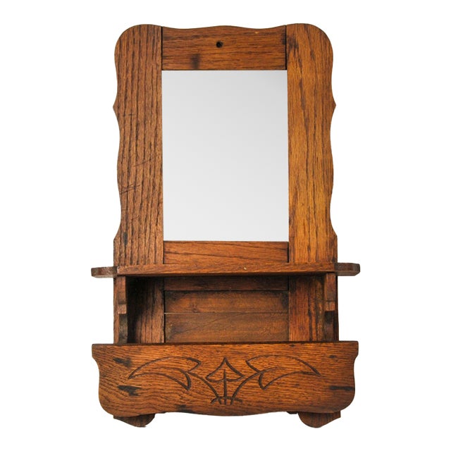 Antique Wall Hanging Wood Framed Mirror With Cubby Carved Leaves For Sale