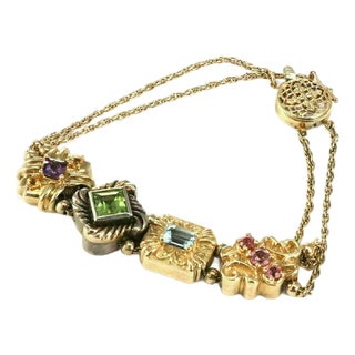 Mid 20th Century Multicolor Gems 14k Gold & Sterling 4 Charms Double Chain Bracelet For Sale