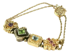 Mid 20th Century Multicolor Gems 14k Gold & Sterling 4 Charms Double Chain Bracelet