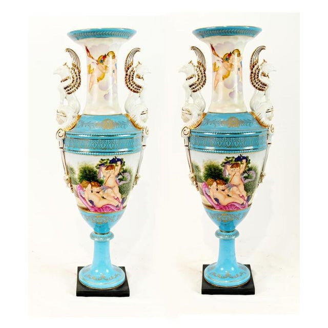 Sevres Style Porcelain Urn Vases, Set of 2 For Sale - Image 5 of 5