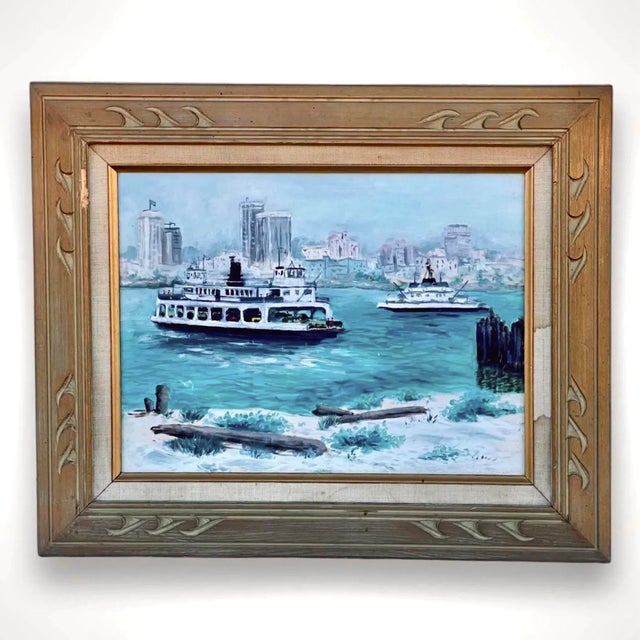 This mid-20th-century oil painting titled Ferryboat depicts the Coronado, San Diego waterfront with an impressionist-style...