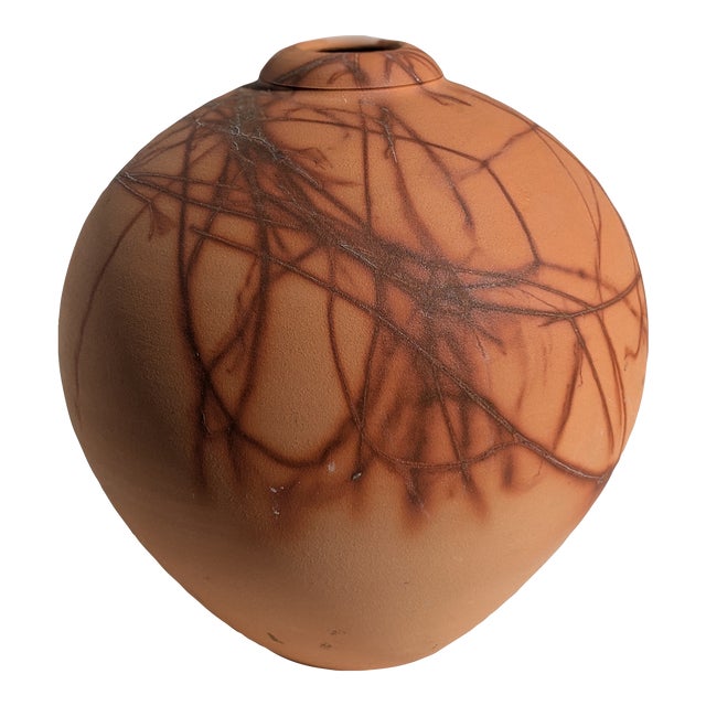 Early 20th Century Raku Ceramic Horsehair Signed Pottery Vase For Sale