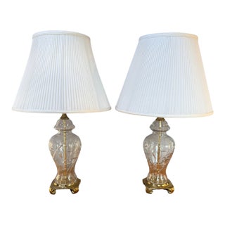 Vintage Pair Cut Crystal and Brass Table Lamps With Pleated Silk Shades For Sale